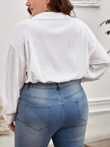 SHEIN Clasi Plus Drop Shoulder Button Front Shirt Bodysuit - White - View 2