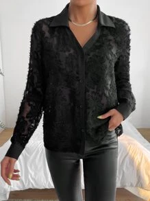 SHEIN Privé Solid Button Front Crop Fuzzy Top - Black - View 4