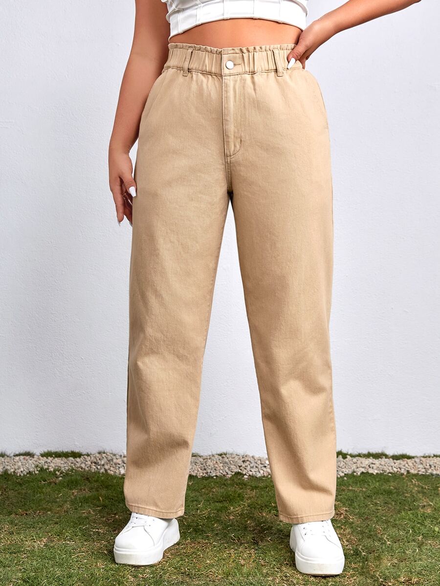 SHEIN EZwear Plus Paperbag Waist Mom Fit Jeans - Khaki - View 1