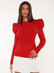 SHEIN Tall Solid Gigot Sleeve Blouse - Red - View 5