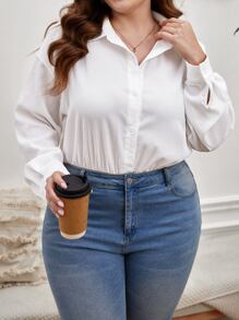SHEIN Clasi Plus Drop Shoulder Button Front Shirt Bodysuit - White - View 1