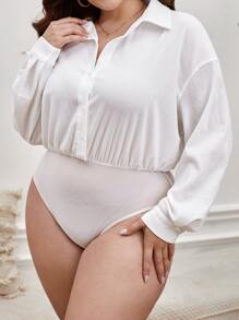 SHEIN Clasi Plus Drop Shoulder Button Front Shirt Bodysuit - White - View 5