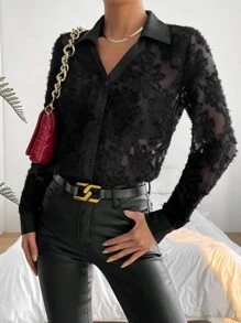 SHEIN Privé Solid Button Front Crop Fuzzy Top - Black - View 7