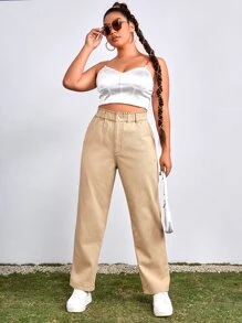 SHEIN EZwear Plus Paperbag Waist Mom Fit Jeans - Khaki - View 3