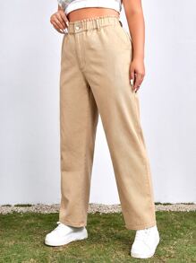 SHEIN EZwear Plus Paperbag Waist Mom Fit Jeans - Khaki - View 4