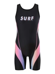 Girls 1pc Letter Graphic Ombre Cut Out Back Tank One Piece Swimsuit - Black - View 3