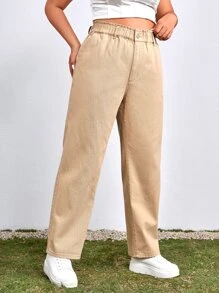 SHEIN EZwear Plus Paperbag Waist Mom Fit Jeans - Khaki - View 5