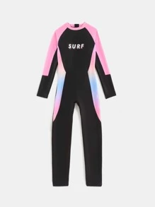 Girls Letter Graphic Ombre One Piece Swimsuit - Black - View 1