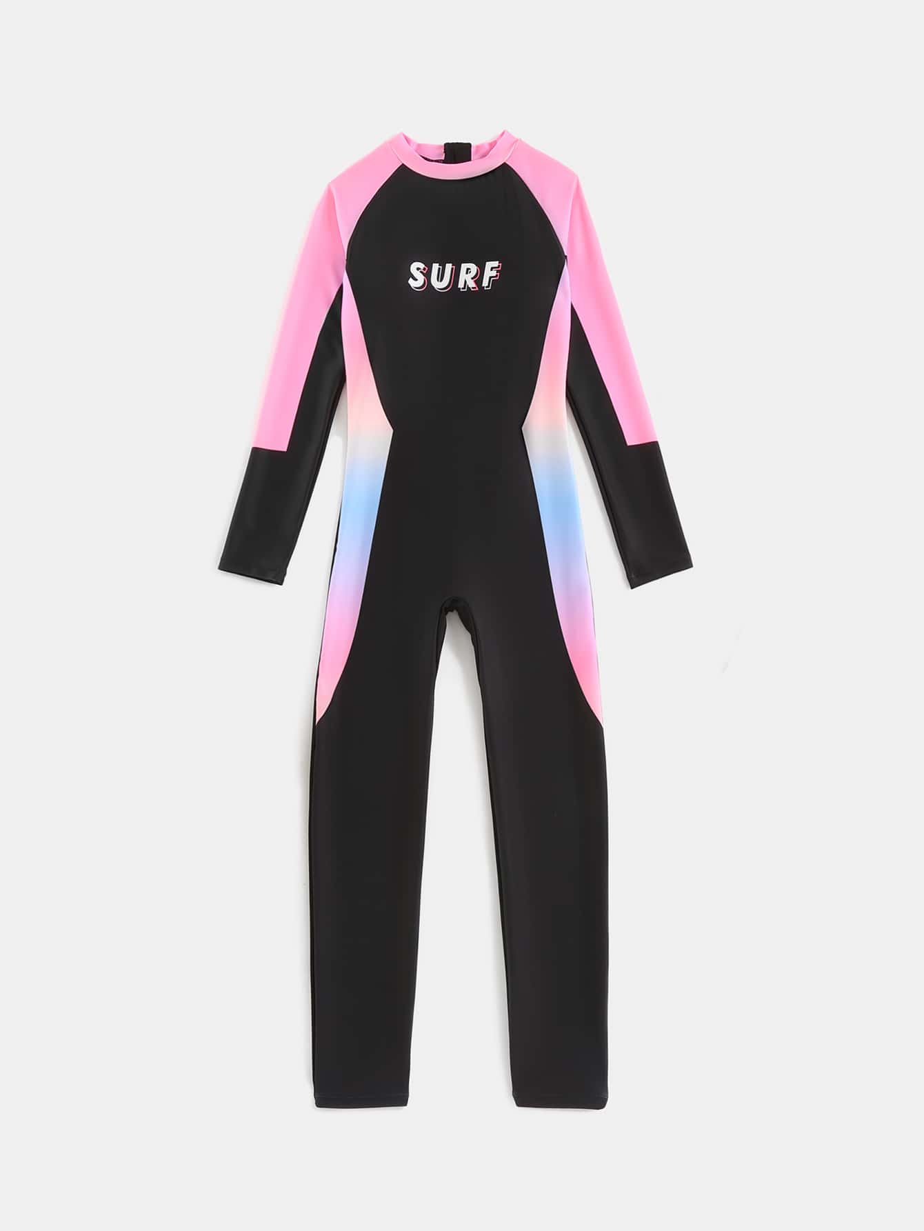 Girls Letter Graphic Ombre One Piece Swimsuit - Black - View 1