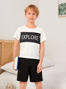 Boys Letter Graphic Tee & Shorts PJ Set - Black and White - View 1