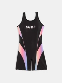 Girls 1pc Letter Graphic Ombre Cut Out Back Tank One Piece Swimsuit - Black - View 1
