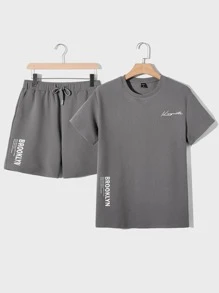GENTILAND Men Letter Graphic Tee & Drawstring Waist Shorts - Grey - View 1