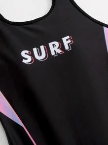 Girls 1pc Letter Graphic Ombre Cut Out Back Tank One Piece Swimsuit - Black - View 5