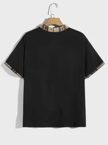 EASEVO Men Plus Plaid Print Contrast Collar Quarter Zip Polo Shirt - Black - View 2