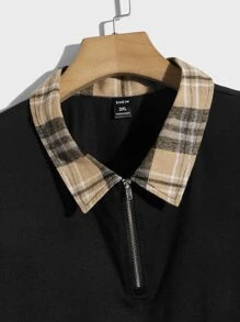 EASEVO Men Plus Plaid Print Contrast Collar Quarter Zip Polo Shirt - Black - View 3