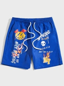 Manfinity Men Cartoon & Slogan Graphic Drawstring Waist Shorts - Royal Blue - View 1