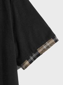 EASEVO Men Plus Plaid Print Contrast Collar Quarter Zip Polo Shirt - Black - View 4