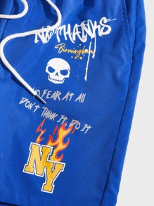 Manfinity Men Cartoon & Slogan Graphic Drawstring Waist Shorts - Royal Blue - View 3