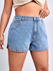 SHEIN EZwear Shorts de mezclilla Plus con cierre de cremallera, shorts estilo mom - Lavado ligero - Ver 1