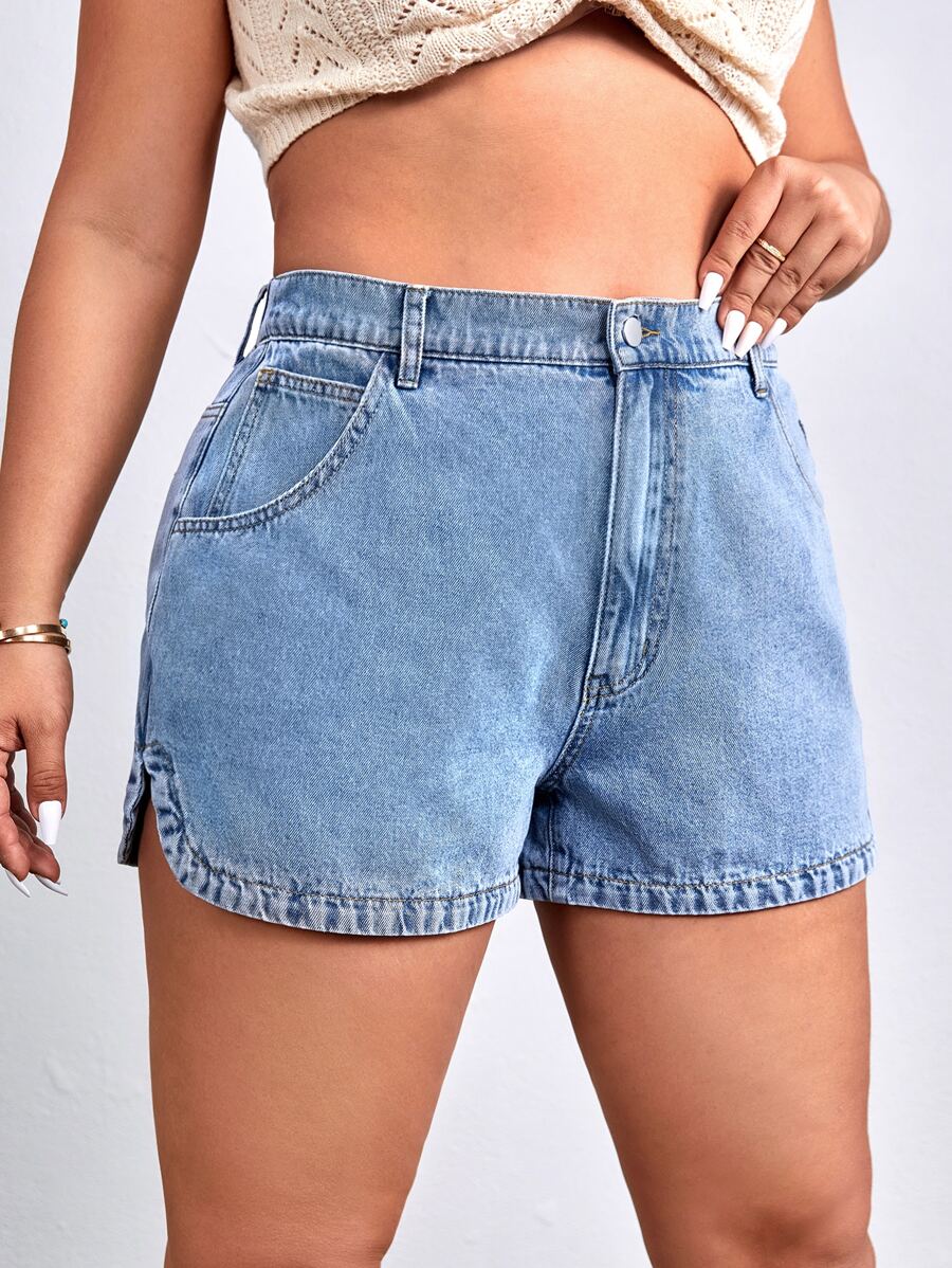 SHEIN EZwear Shorts de mezclilla Plus con cierre de cremallera, shorts estilo mom - Lavado ligero - Ver 1