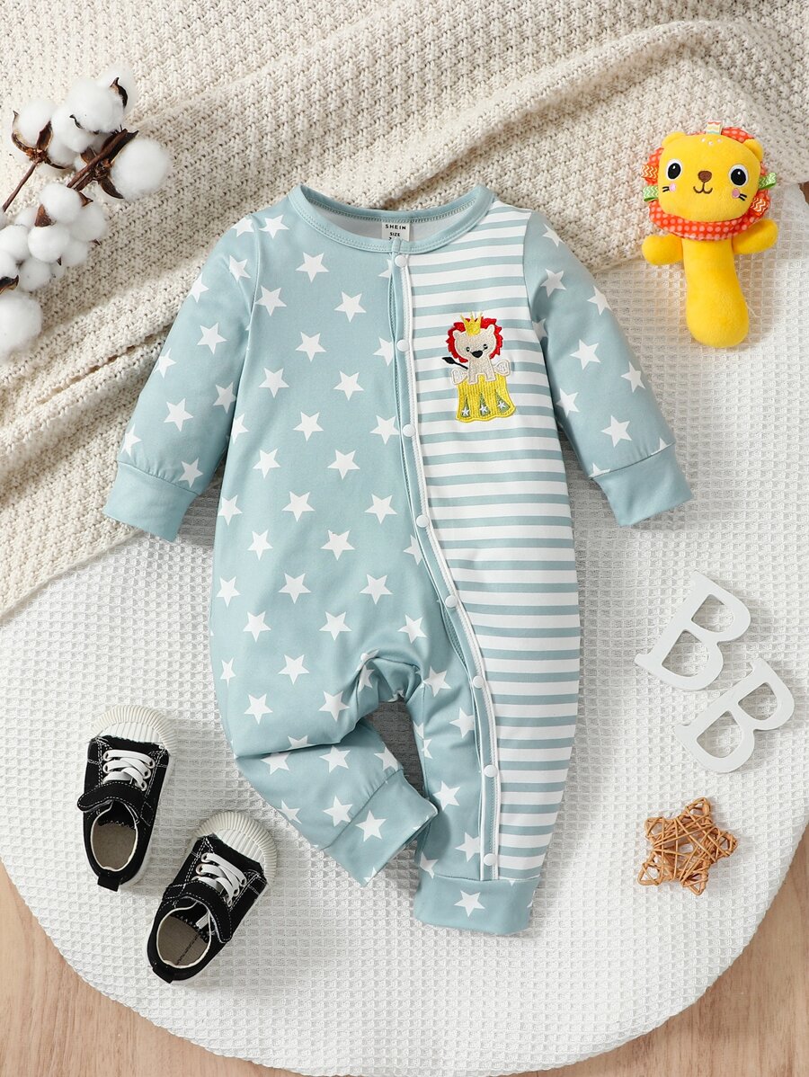 男嬰星條旗印花卡通刺繡連身褲