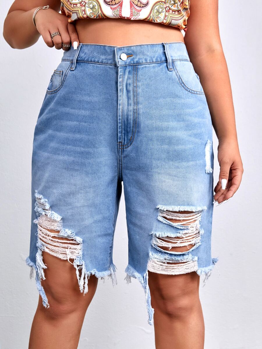 SHEIN SXY Plus Ripped Raw Hem Denim Shorts - Light Wash - View 1