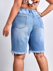 SHEIN SXY Plus Ripped Raw Hem Denim Shorts - Light Wash - View 2