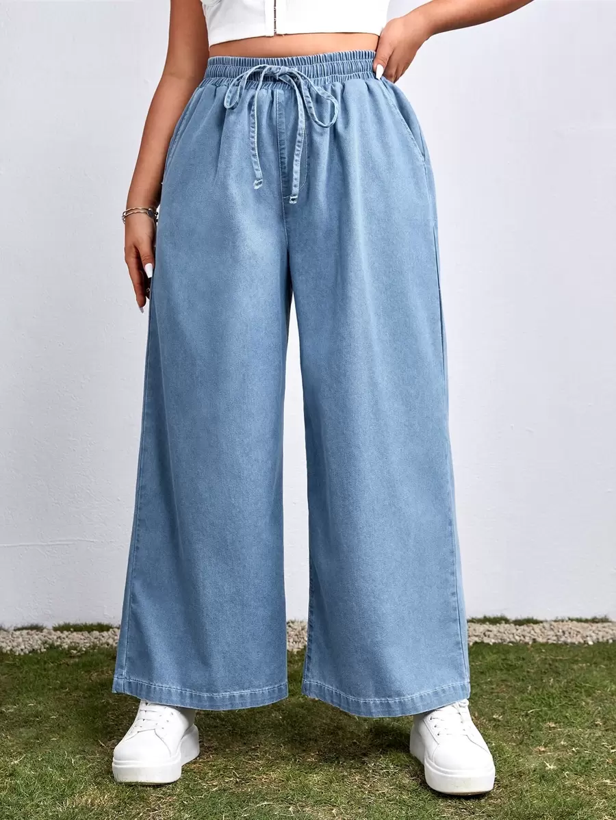 SHEIN EZwear Plus Drawstring Waist Wide Leg Boyfriend Jeans