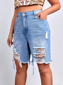 SHEIN SXY Plus Ripped Raw Hem Denim Shorts - Light Wash - View 3