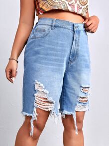 SHEIN SXY Plus Ripped Raw Hem Denim Shorts - Light Wash - View 4
