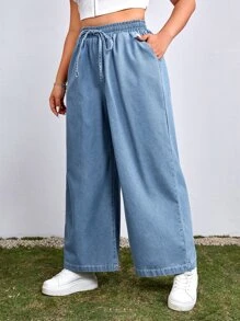 SHEIN EZwear Plus Drawstring Waist Wide Leg Boyfriend Jeans