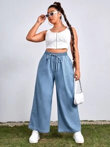 SHEIN EZwear Plus Drawstring Waist Wide Leg Boyfriend Jeans