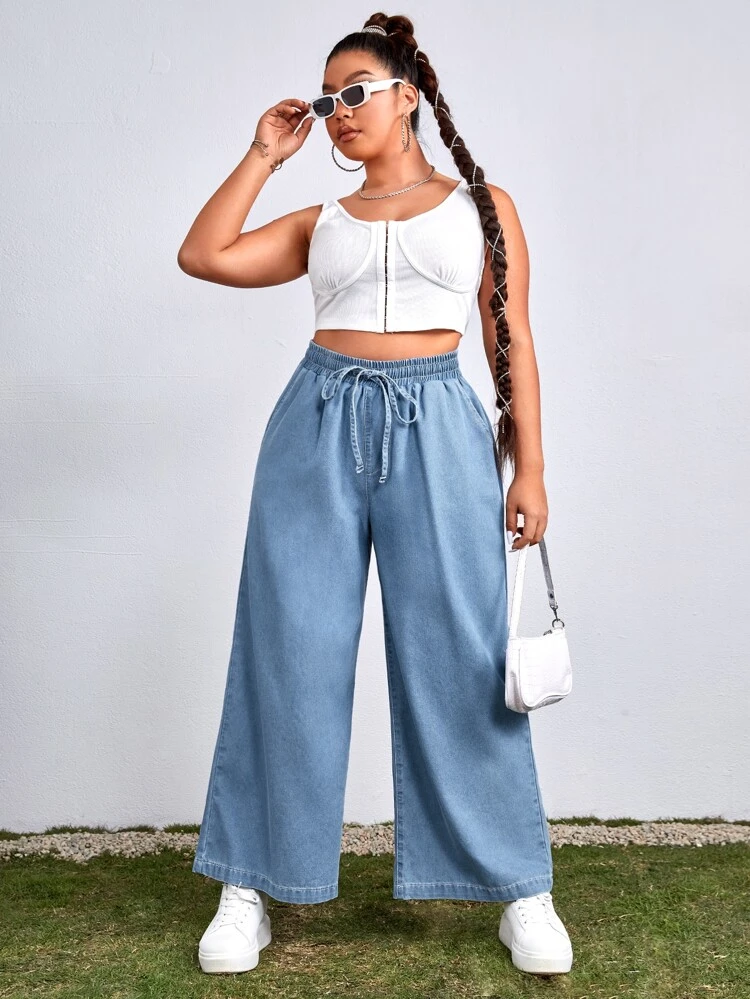 Plus Drawstring Waist Wide Leg Boyfriend Jeans