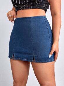 SHEIN SXY Plus Split Hem Denim Skort - Dark Wash - View 5
