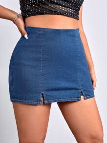 SHEIN SXY Plus Split Hem Denim Skort - Dark Wash - View 4