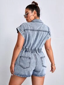 SHEIN EZwear 大碼翻蓋口袋牛仔連體短褲 - 淺色水洗藍 - 查看 2