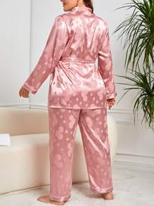 Plus Polka Dot Jacquard Satin Belted Robe & Trousers Set - Dusty Pink - View 2