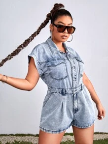 SHEIN EZwear 大碼翻蓋口袋牛仔連體短褲 - 淺色水洗藍 - 查看 1