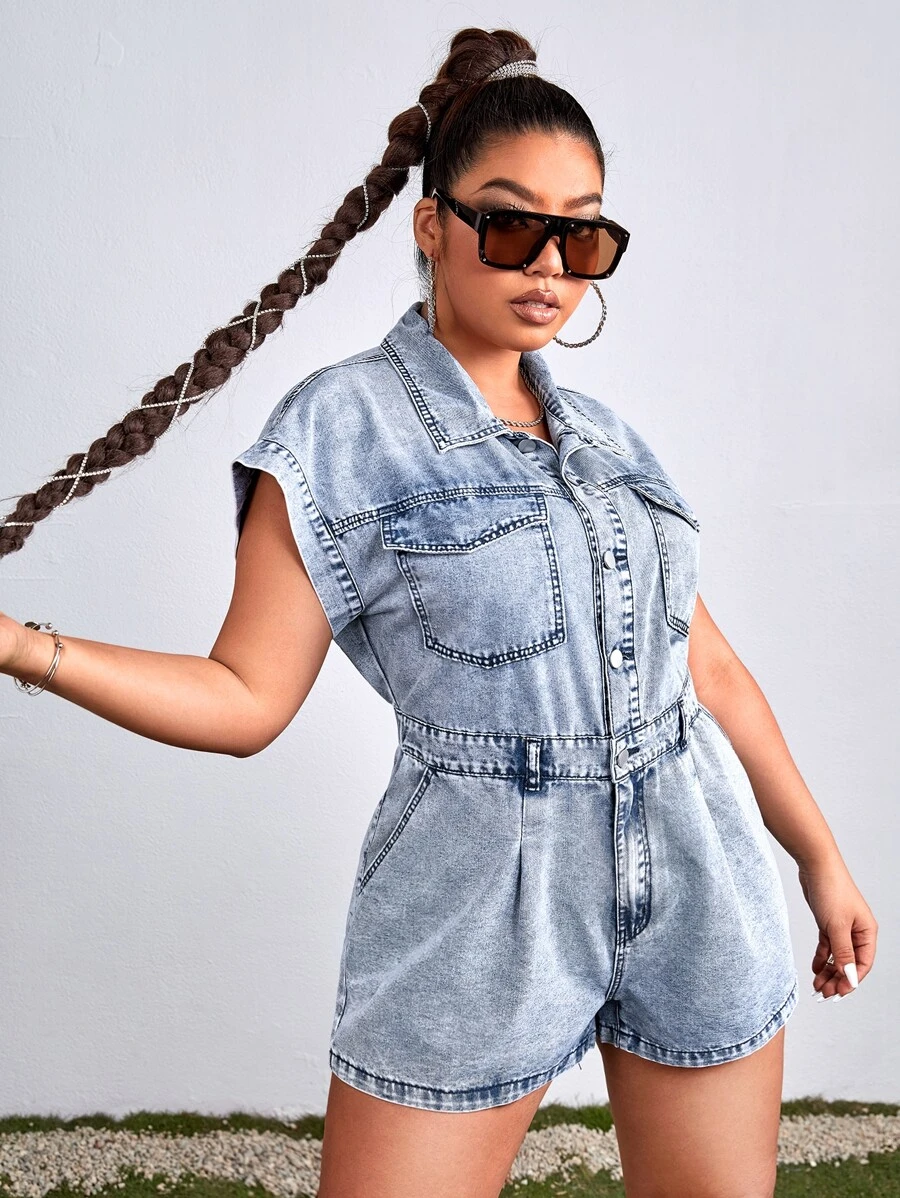 SHEIN EZwear 大碼翻蓋口袋牛仔連體短褲 - 淺色水洗藍 - 查看 1