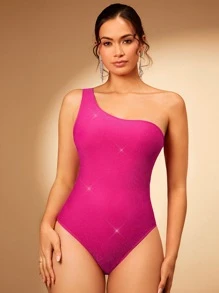 SHEIN BAE One Shoulder Slim Fit Bodysuit - Hot Pink - View 3
