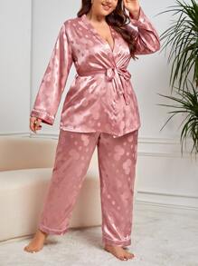 Plus Polka Dot Jacquard Satin Belted Robe & Trousers Set - Dusty Pink - View 4