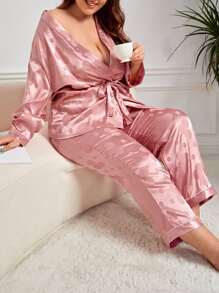 Plus Polka Dot Jacquard Satin Belted Robe & Trousers Set - Dusty Pink - View 5