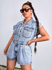 SHEIN EZwear 大碼翻蓋口袋牛仔連體短褲 - 淺色水洗藍 - 查看 4