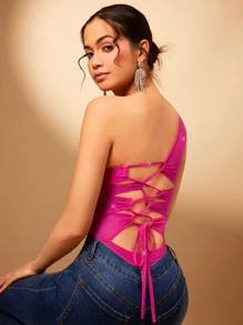 SHEIN BAE One Shoulder Slim Fit Bodysuit - Hot Pink - View 2