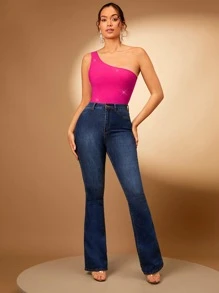SHEIN BAE One Shoulder Slim Fit Bodysuit - Hot Pink - View 5