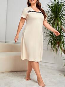 大碼蕾絲邊睡裙 - 米色 - 查看 4