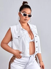 SHEIN EZwear Cazadora mezclilla chaleco con diseño de solapa - Blanco - Ver 2