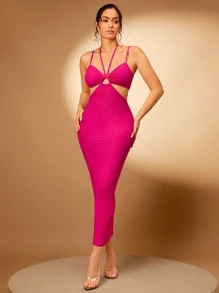 SHEIN BAE Cut Out Tie Backless Halter Bodycon Dress - Hot Pink - View 4