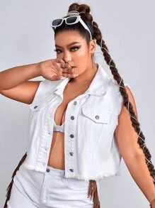 SHEIN EZwear Cazadora mezclilla chaleco con diseño de solapa - Blanco - Ver 5