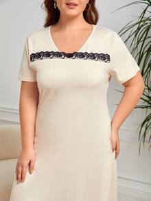 大碼蕾絲邊睡裙 - 米色 - 查看 5